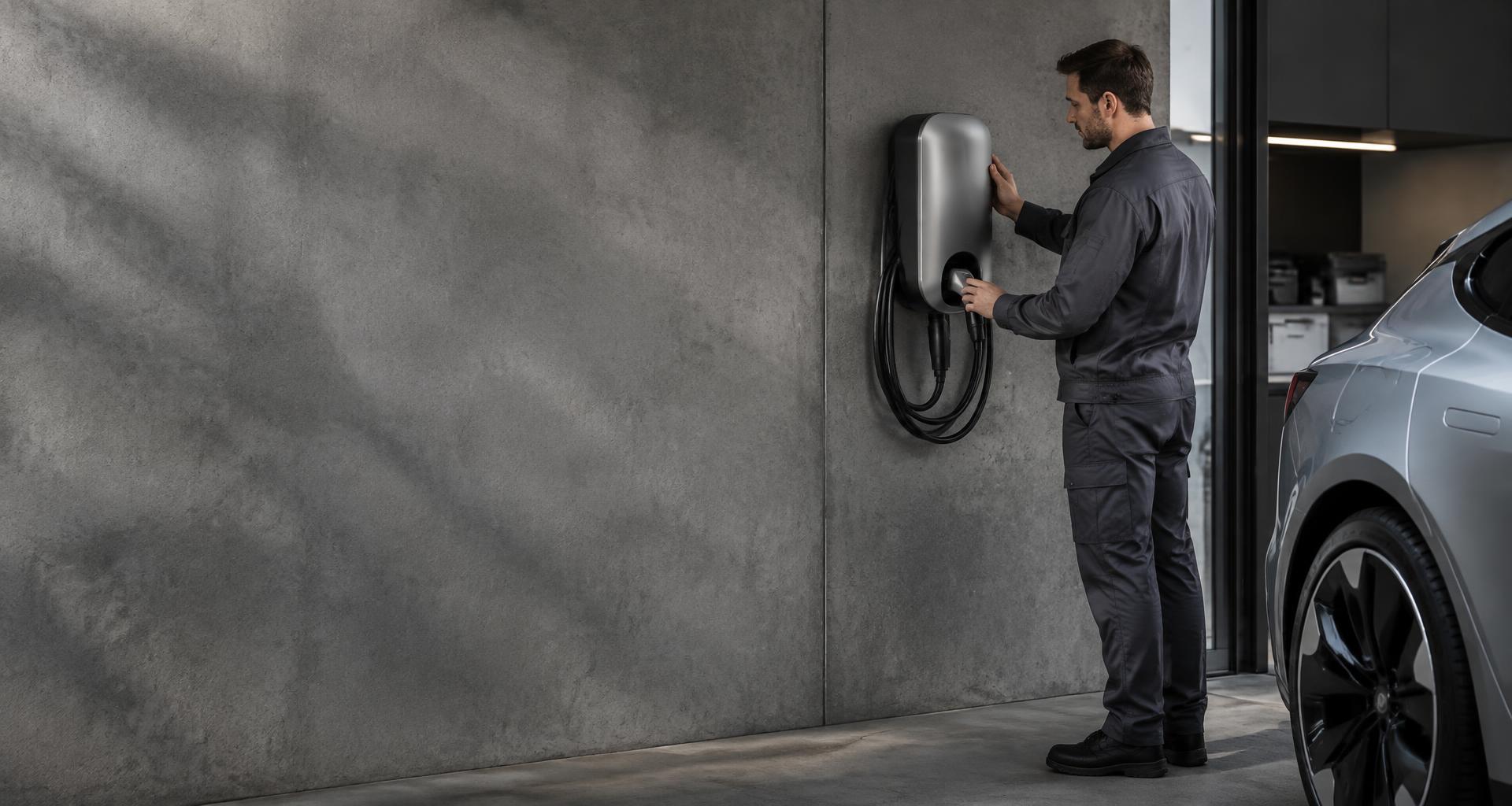 Profissional inspecionando um carregador de veículo elétrico em uma garagem